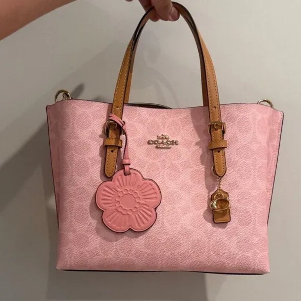Coach Mollie Tote Bag 25 In Signature Canvas With Charms Gold/Powder Pink CER24